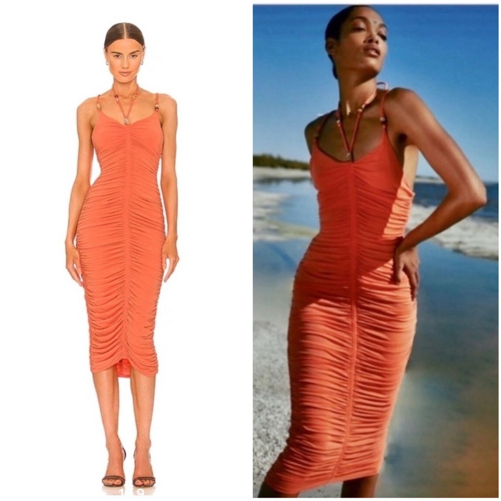 NEW A.L.C. SANGRIA ORANGE ALLEGRA RUCHED BEAD EMBELLISHED MIDI DRESS SIZE XS